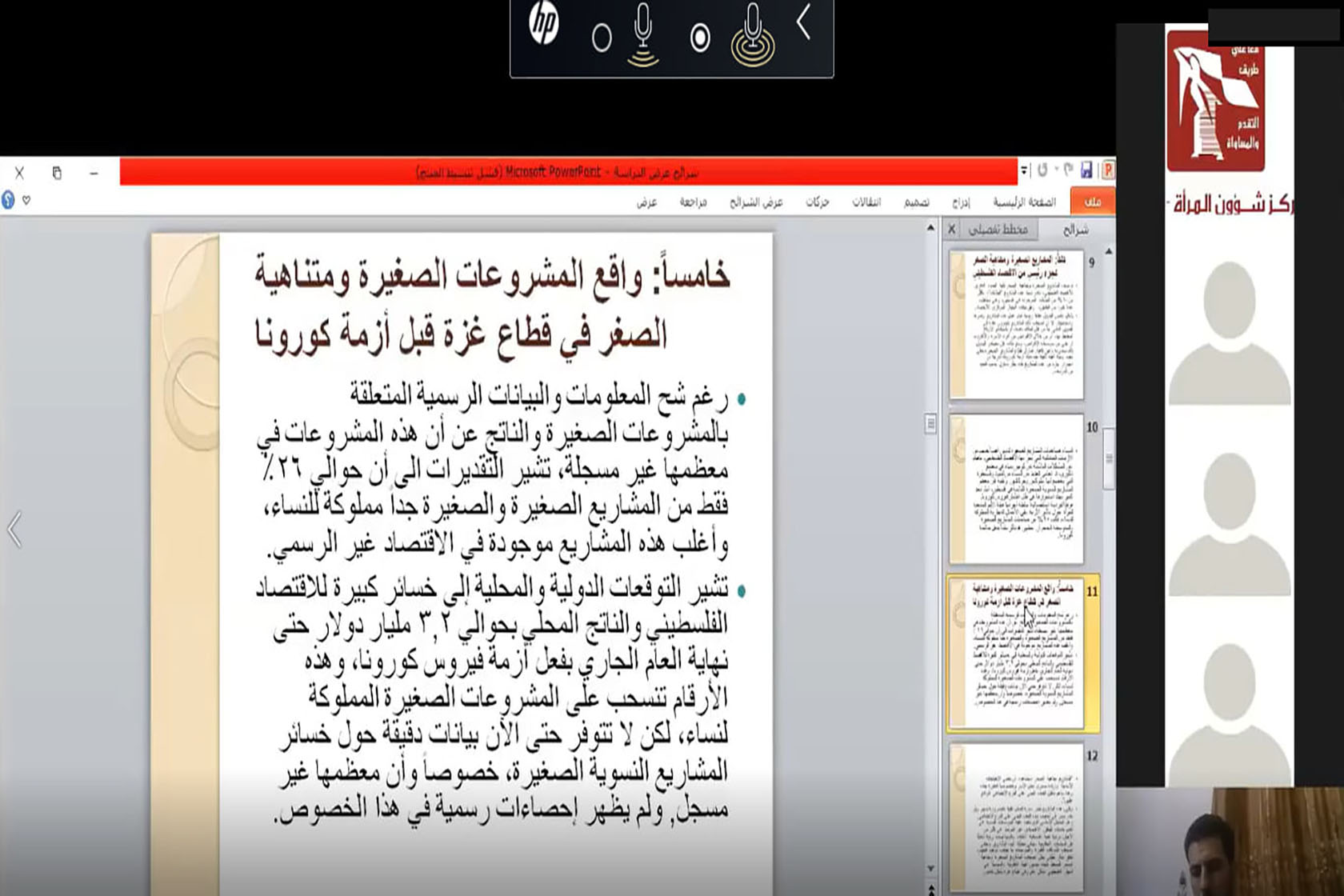 مركز شؤون المرأة يناقش دراسة حول  تداعيات جائحة كورونا (كوفيد-19) على المشاريع الصغيرة ومتناهية الصغر التي تقودها نساء في قطاع غزة
